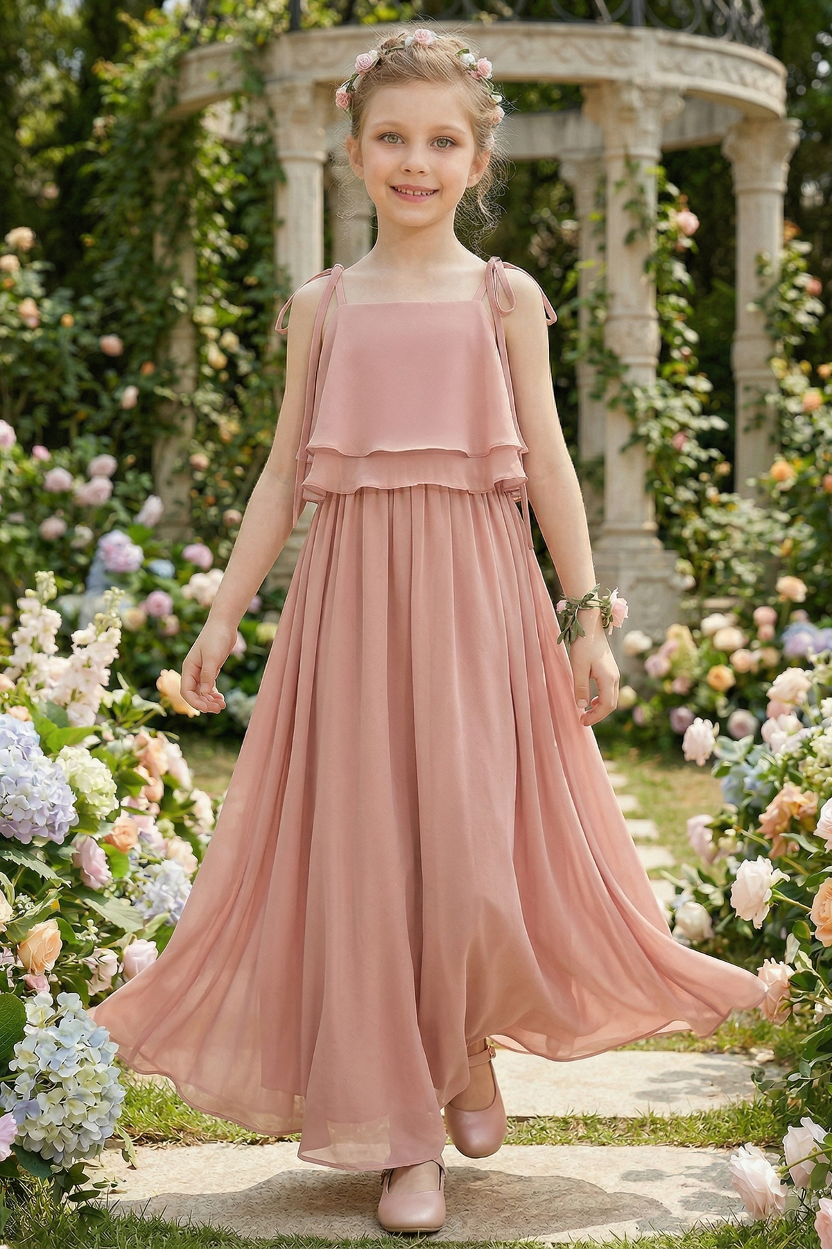 Chiffon Tie-up Double-Layer Ruffle A-Line Dress