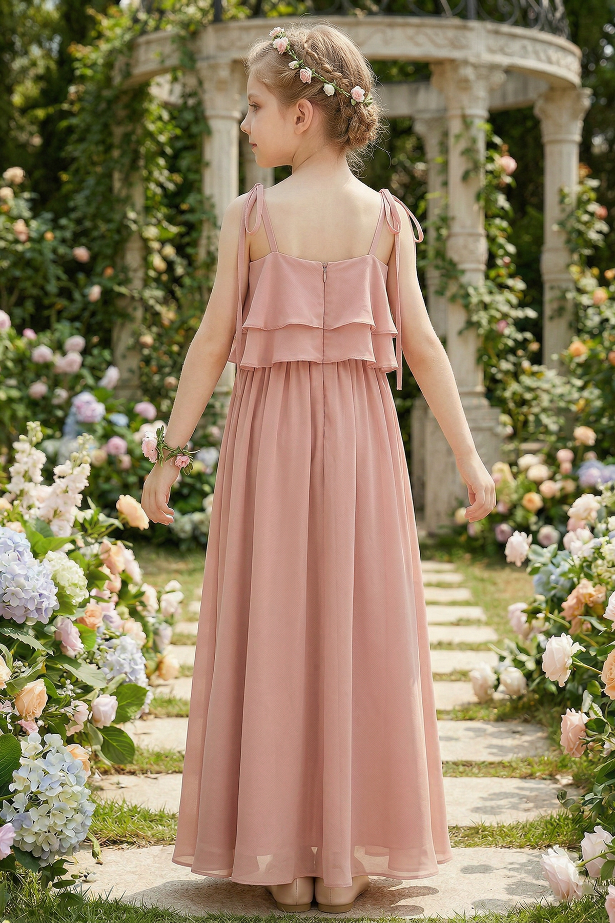 Chiffon Tie-up Double-Layer Ruffle A-Line Dress
