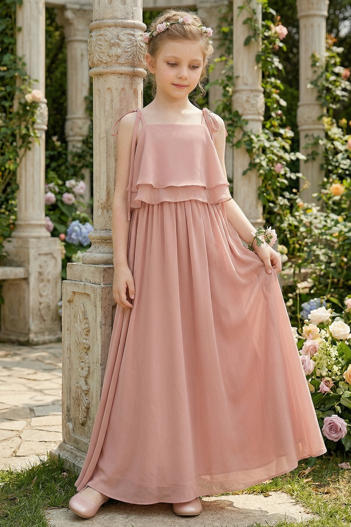 Chiffon Tie-up Double-Layer Ruffle A-Line Dress