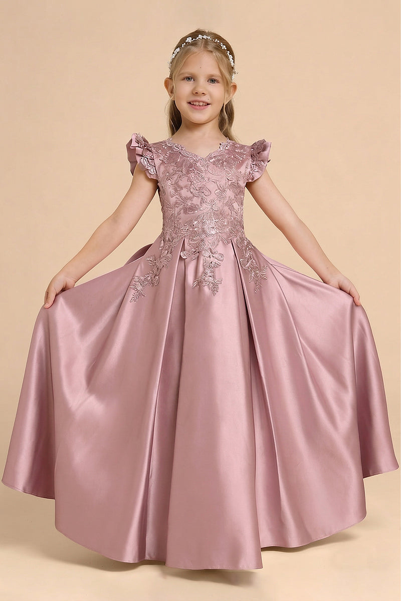 Dusty Rose Satin Lace Appliqués Flower Girl Dress
