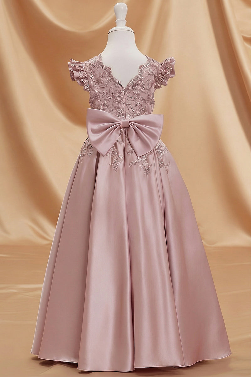 Dusty Rose Satin Lace Appliqués Flower Girl Dress
