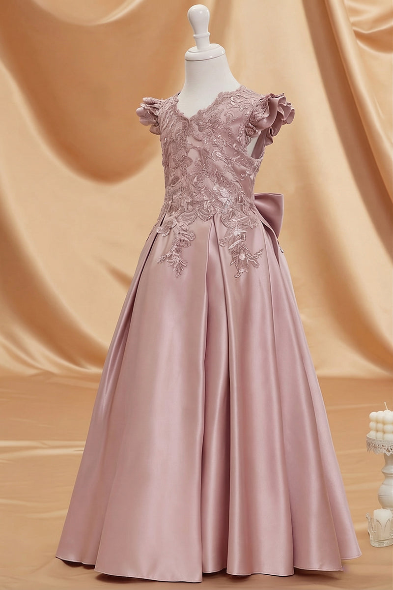 Dusty Rose Satin Lace Appliqués Flower Girl Dress
