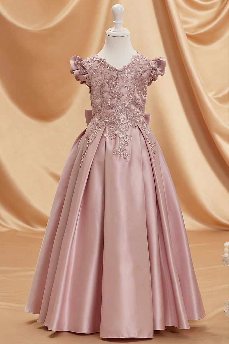 Dusty Rose Satin Lace Appliqués Flower Girl Dress