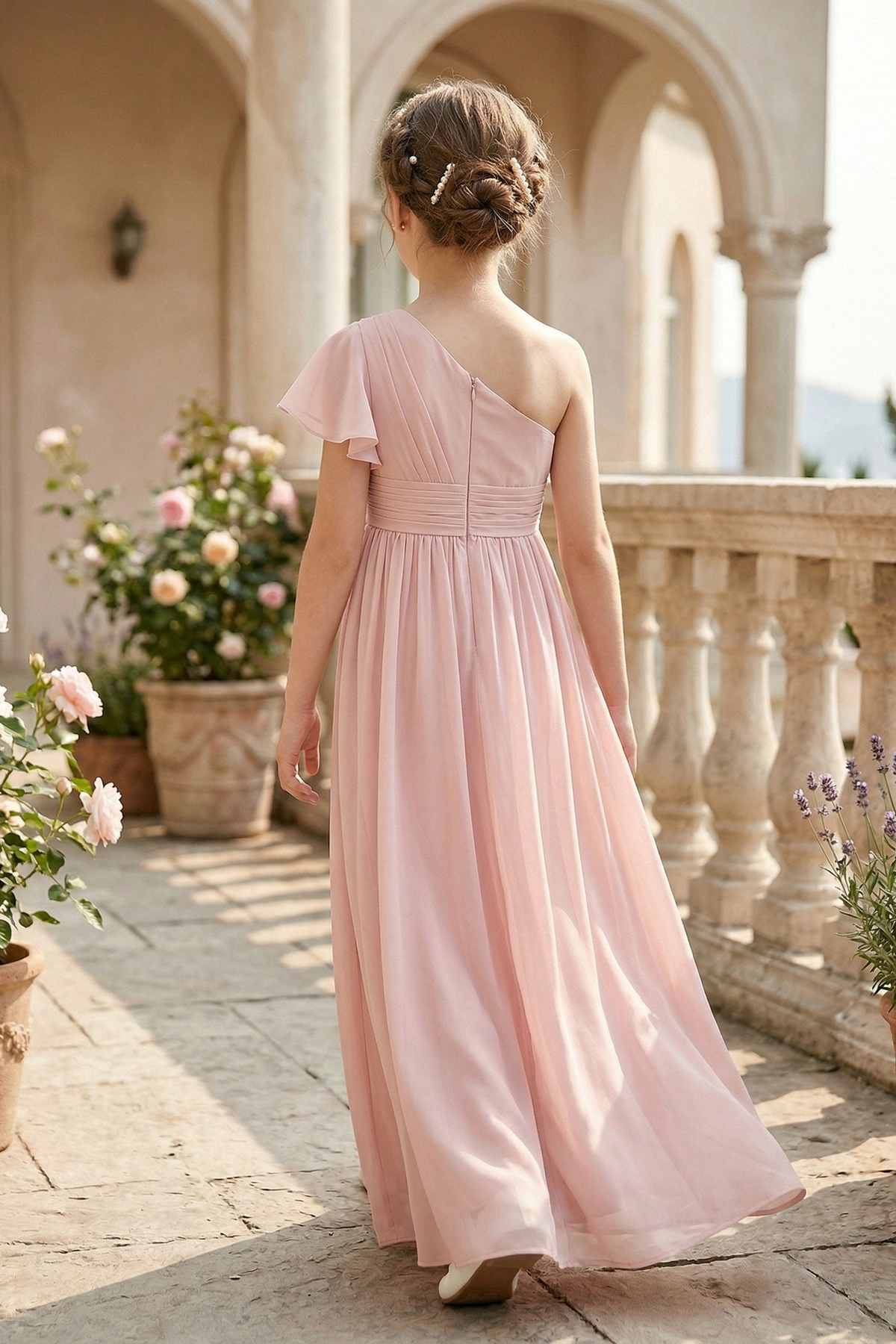 Pink Chiffon One-Shoulder Fitted Waist A-Line Dress