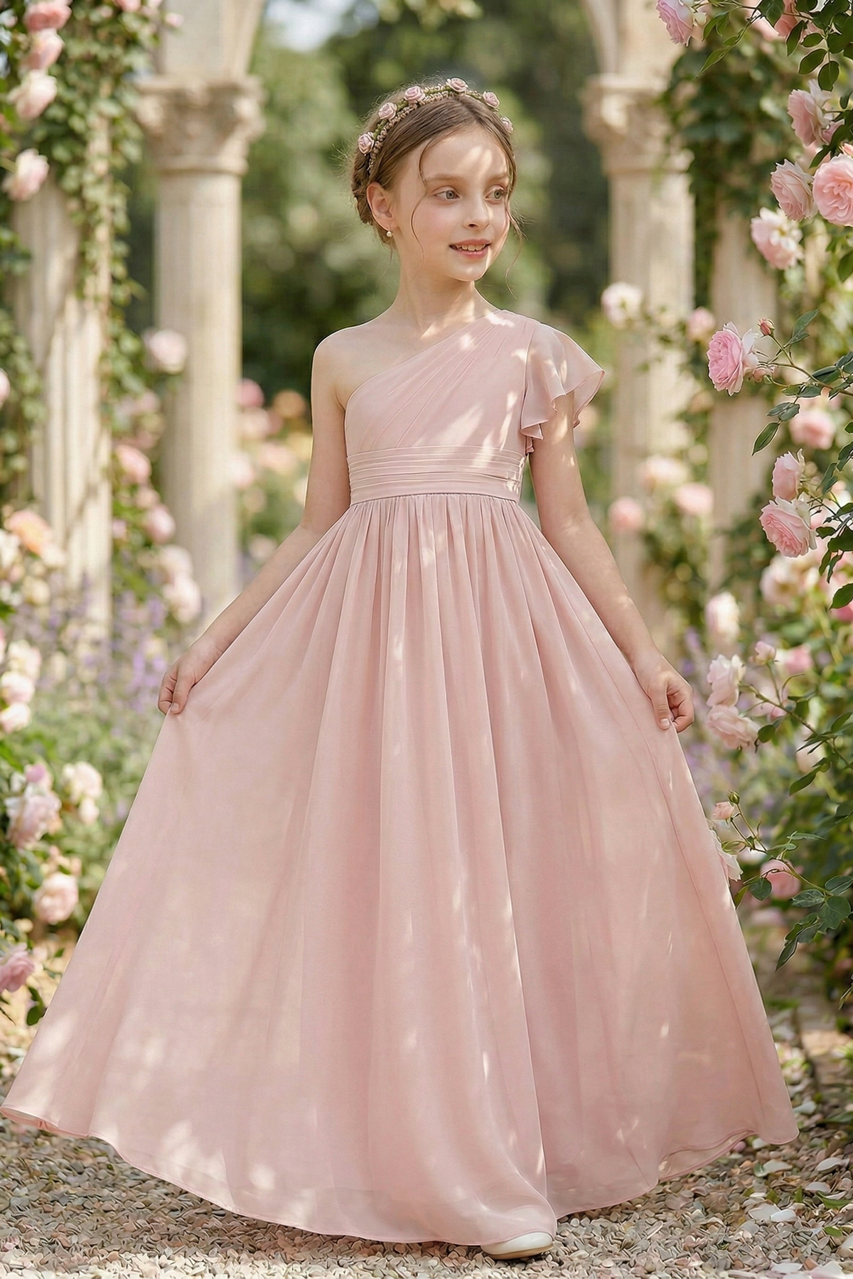 Pink Chiffon One-Shoulder Fitted Waist A-Line Dress