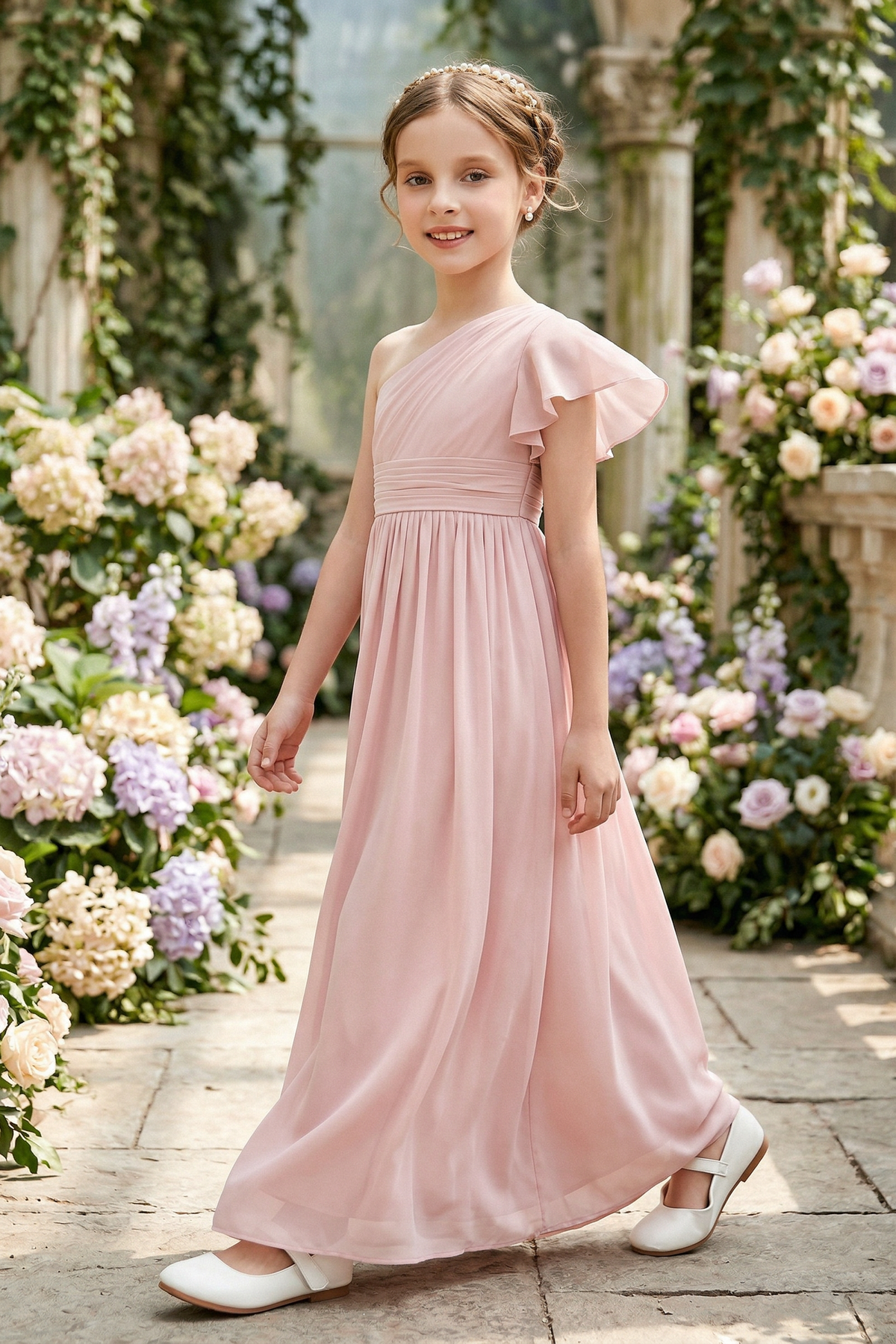 Pink Chiffon One-Shoulder Fitted Waist A-Line Dress