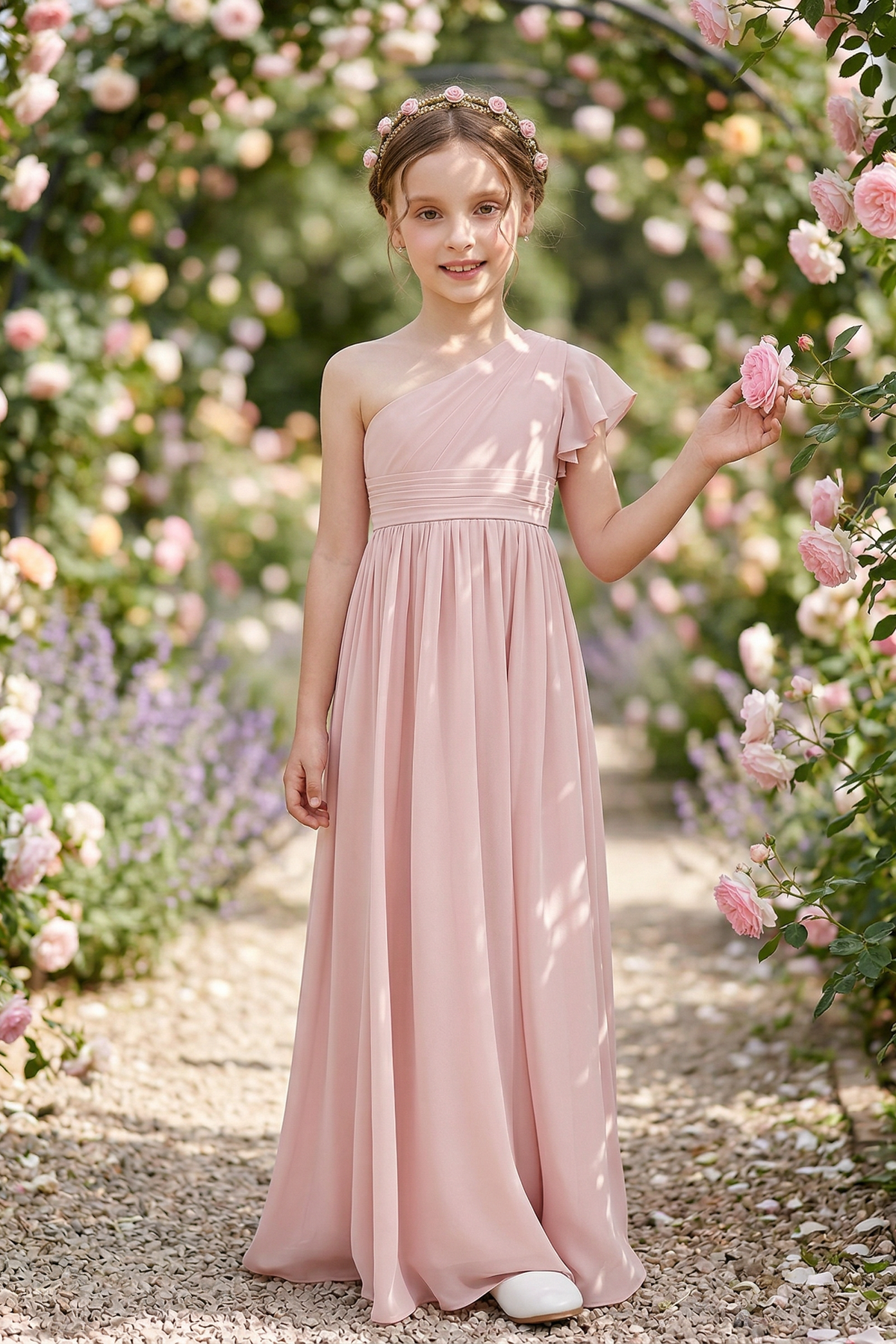 Pink Chiffon One-Shoulder Fitted Waist A-Line Dress