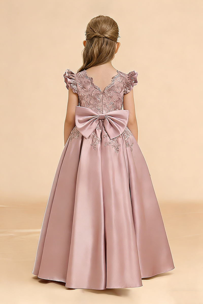 Dusty Rose Satin Lace Appliqués Flower Girl Dress