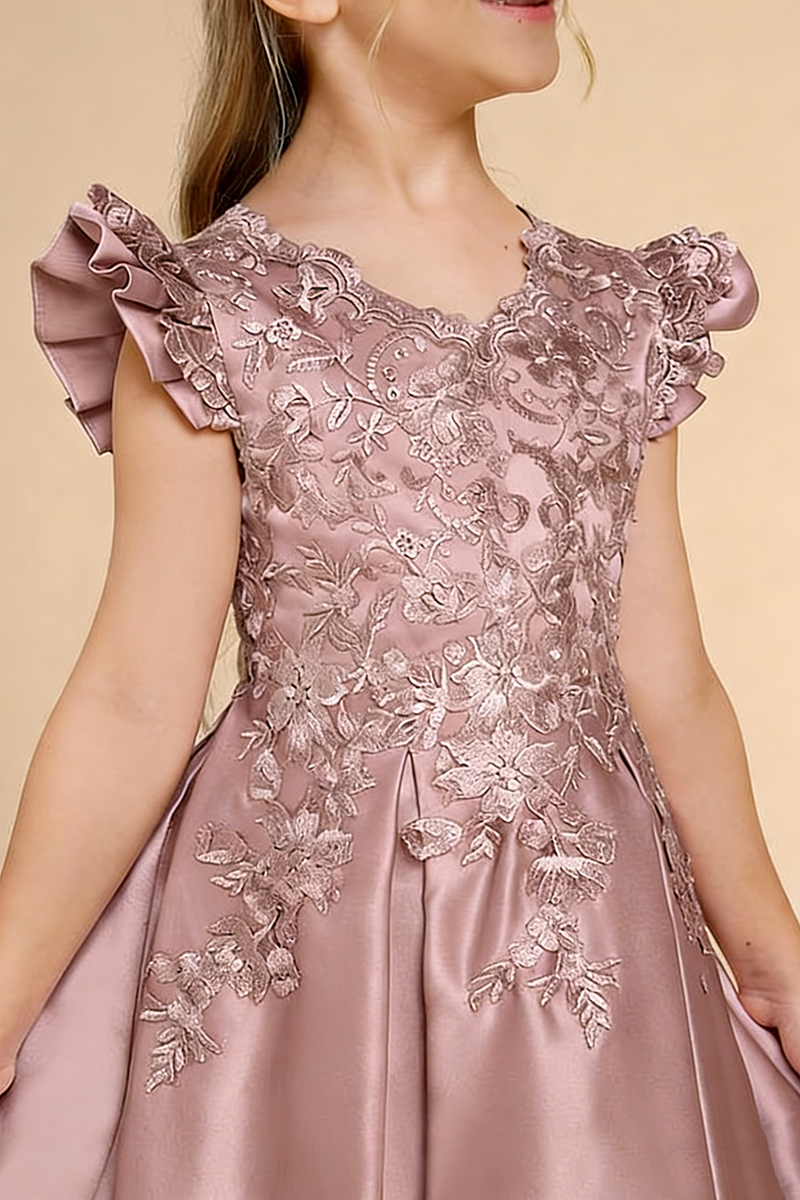 Dusty Rose Satin Lace Appliqués Flower Girl Dress