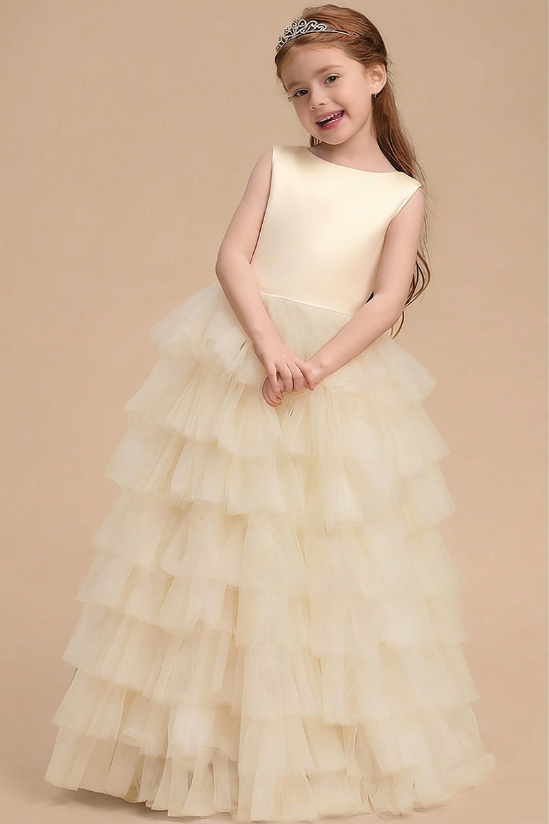 Ivory Tiered Tulle Satin Back Bow Flower Girl Dress