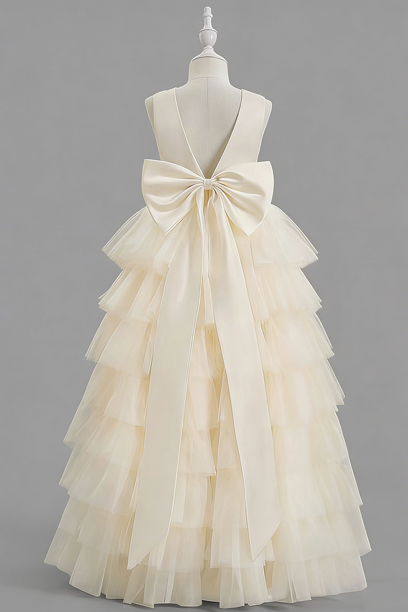 Ivory Tiered Tulle Satin Back Bow Flower Girl Dress