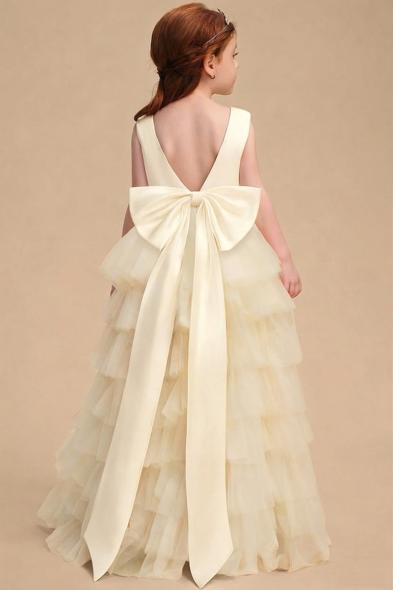 Ivory Tiered Tulle Satin Back Bow Flower Girl Dress