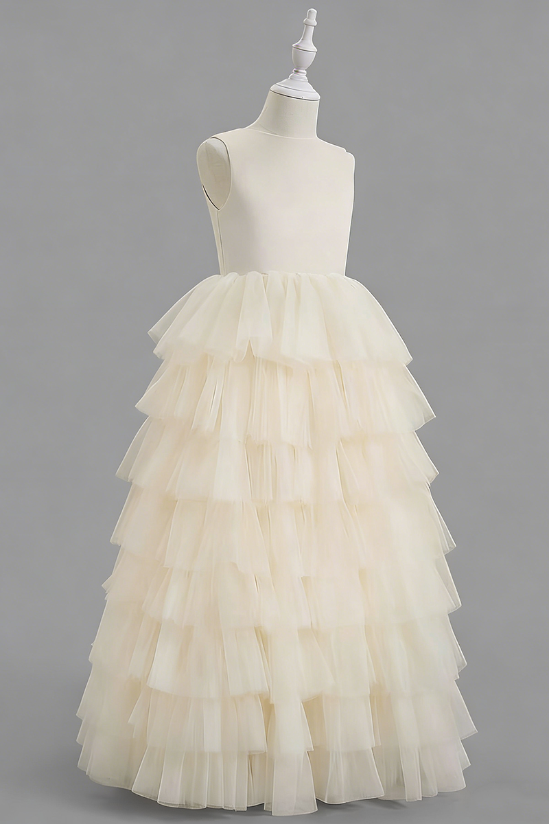 Ivory Tiered Tulle Satin Back Bow Flower Girl Dress
