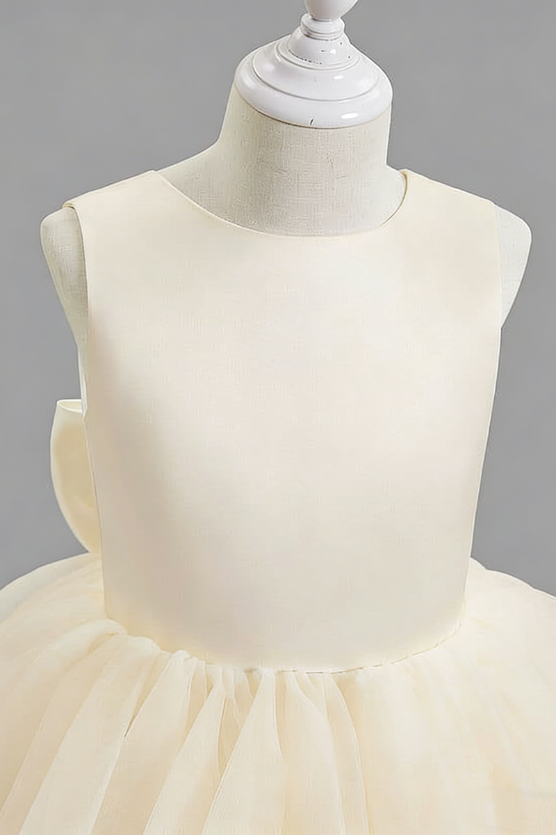 Ivory Tiered Tulle Satin Back Bow Flower Girl Dress
