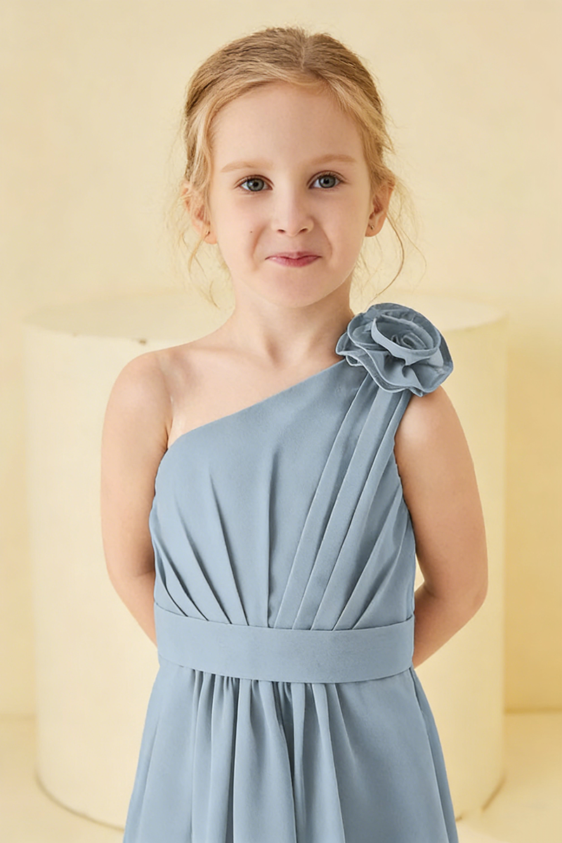 Dusty Blue One-Shoulder Chiffon Flower Girl Dress