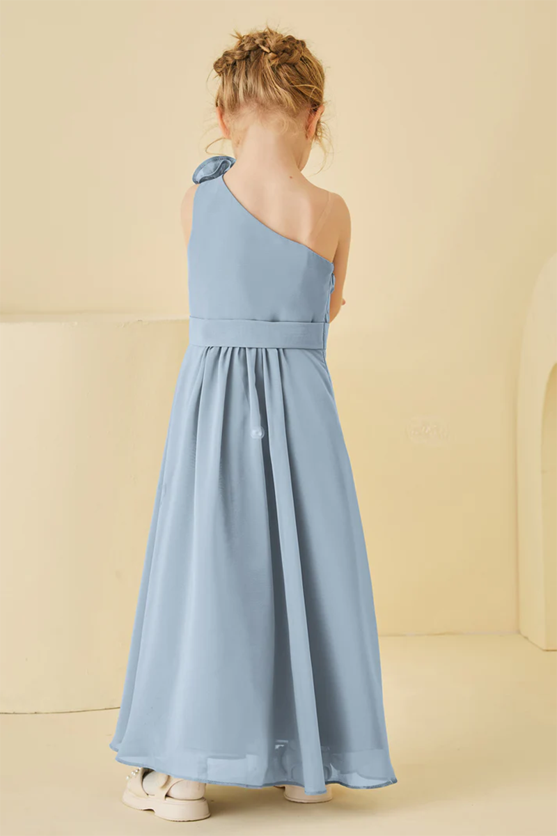 Dusty Blue One-Shoulder Chiffon Flower Girl Dress