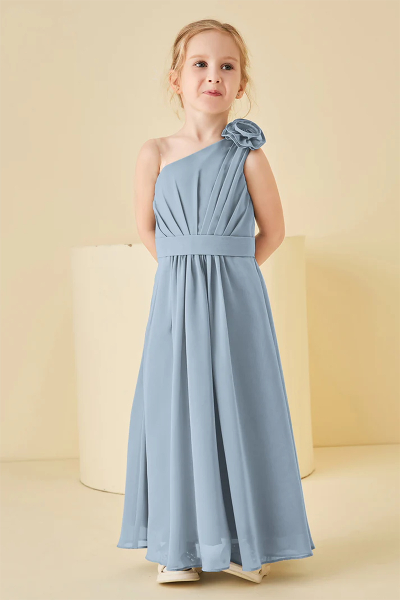 Dusty Blue One-Shoulder Chiffon Flower Girl Dress