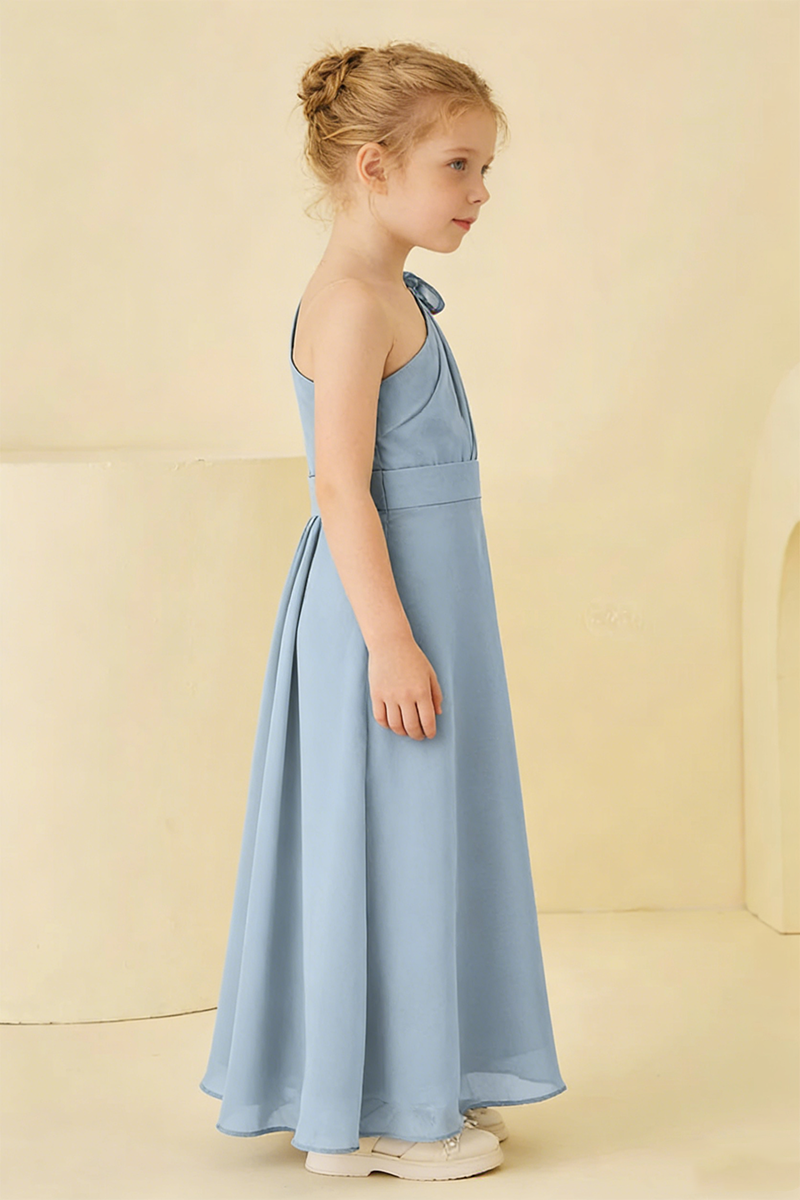 Dusty Blue One-Shoulder Chiffon Flower Girl Dress
