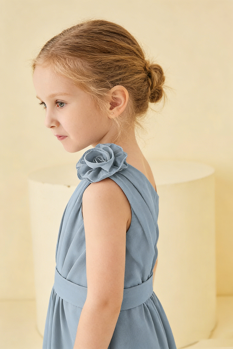 Dusty Blue One-Shoulder Chiffon Flower Girl Dress