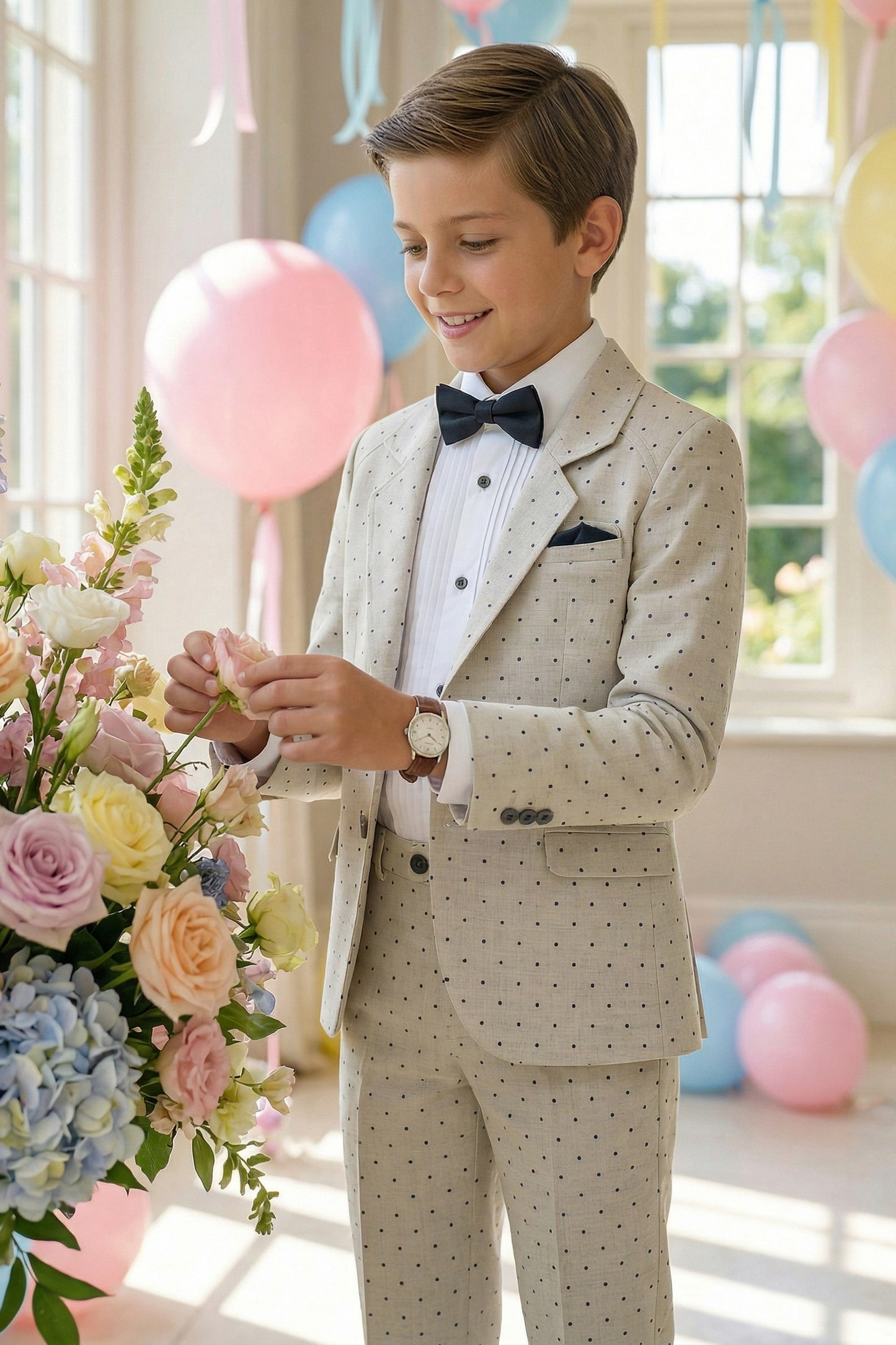Beige Polka Dot Cotton-Linen Blend 2-Piece Suit