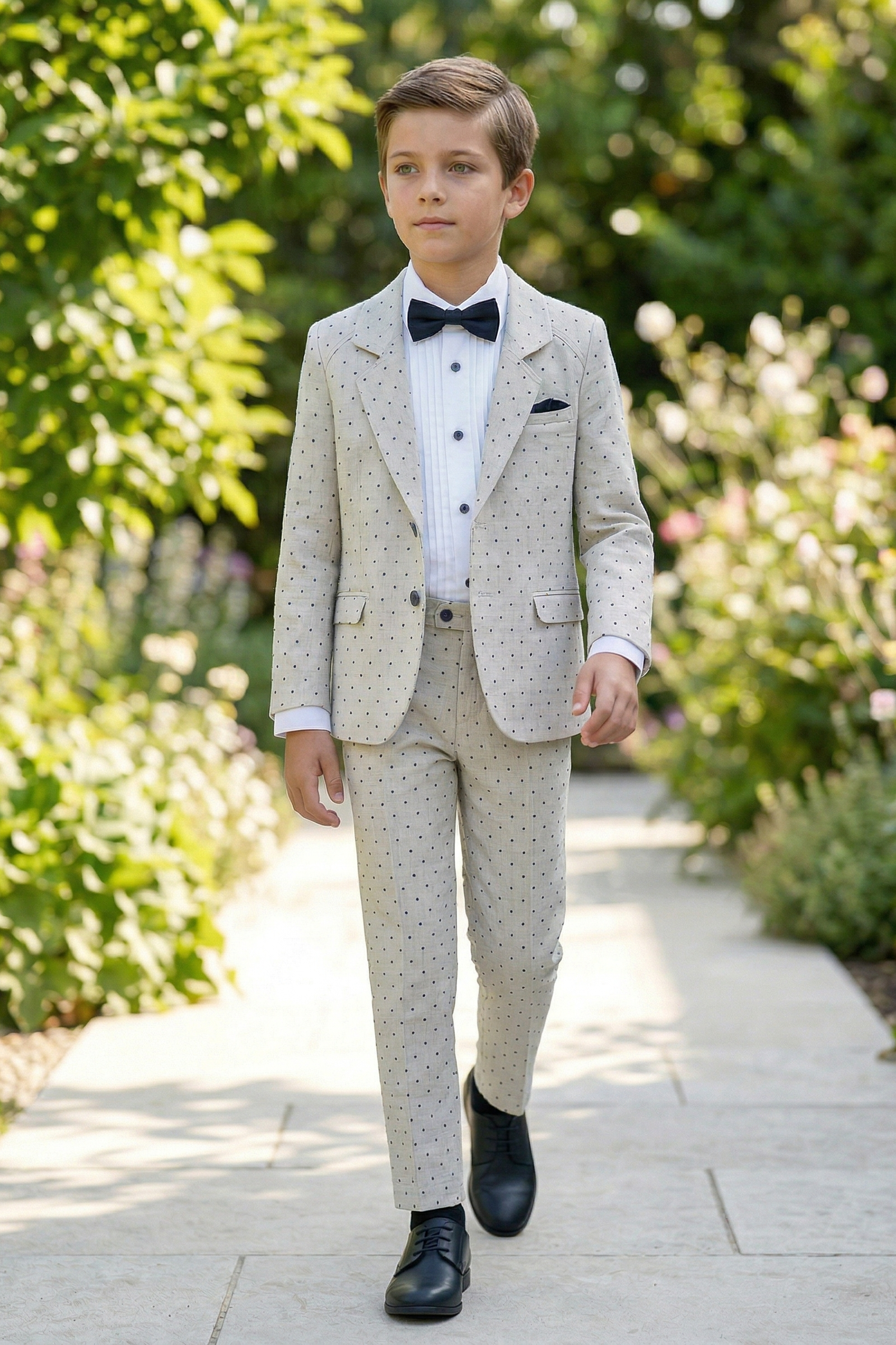 Beige Polka Dot Cotton-Linen Blend 2-Piece Suit