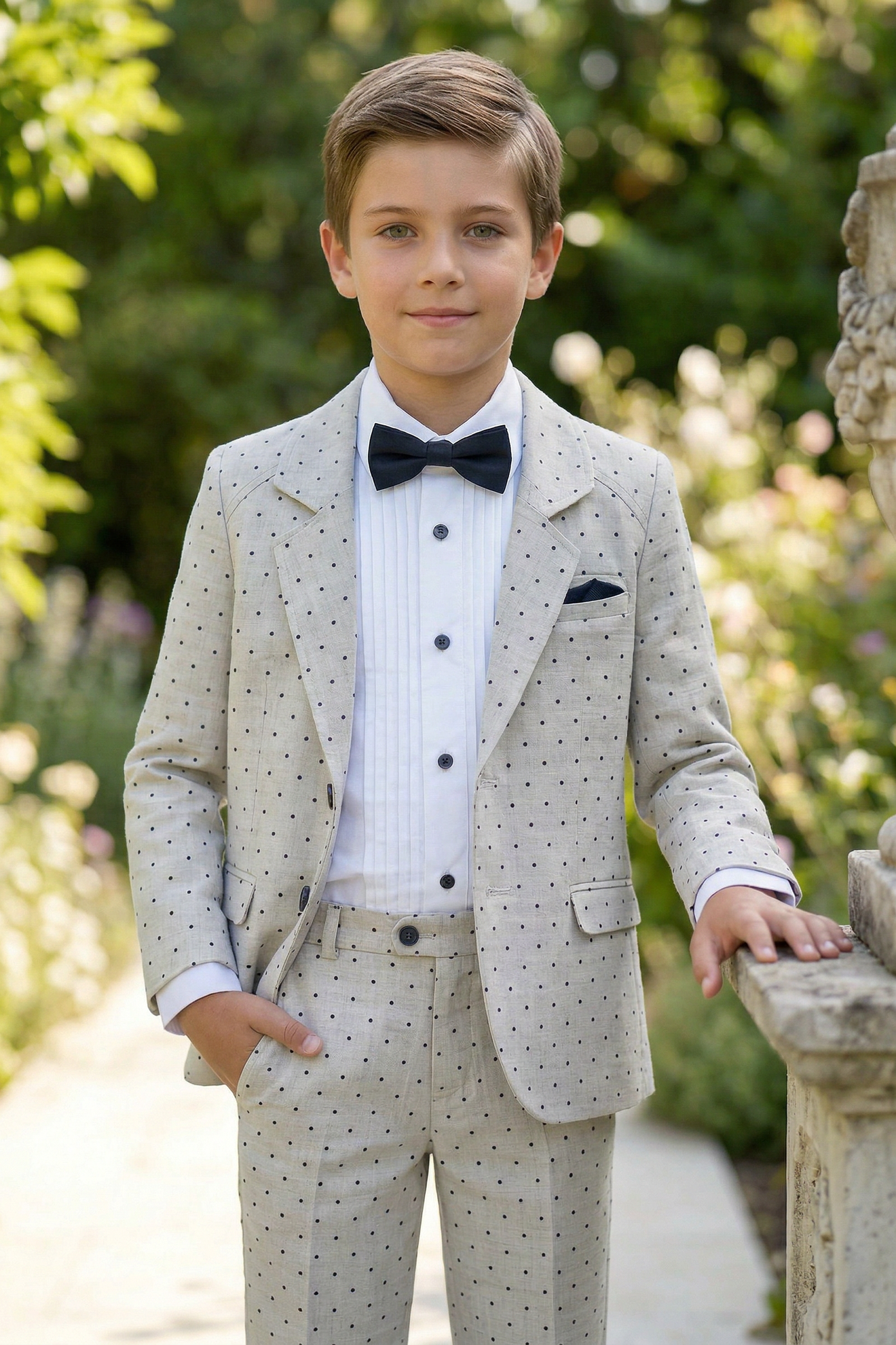 Beige Polka Dot Cotton-Linen Blend 2-Piece Suit