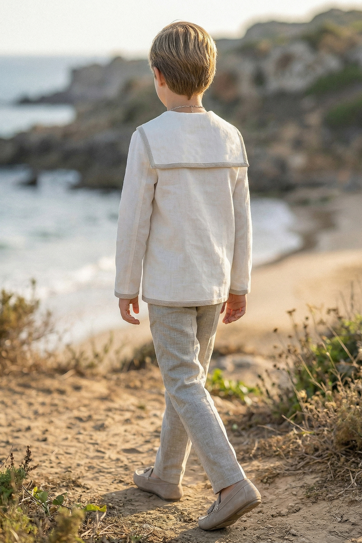 White And Khaki Cotton-Linen Blend Sailor Collar 2-Piece Set