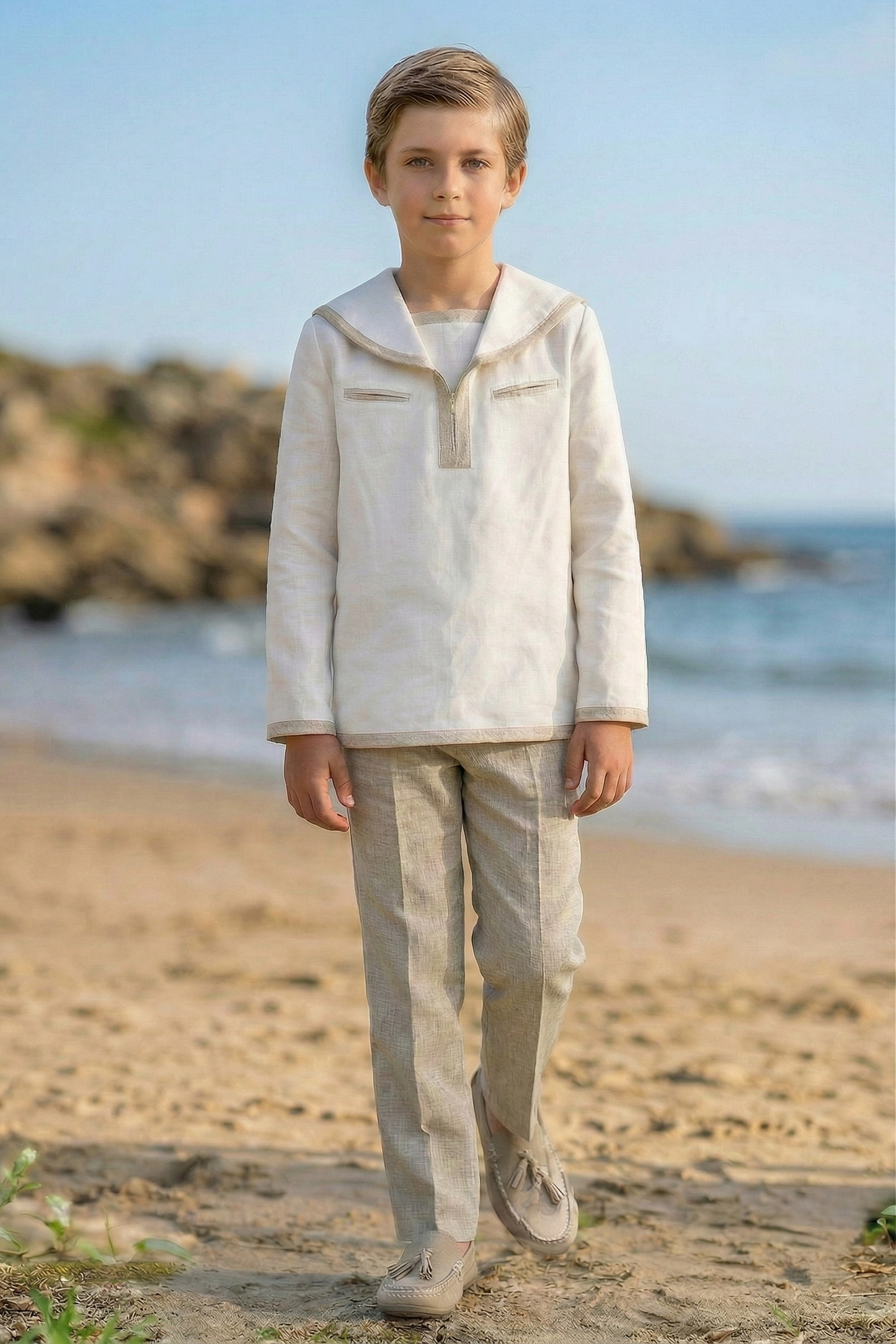 White And Khaki Cotton-Linen Blend Sailor Collar 2-Piece Set