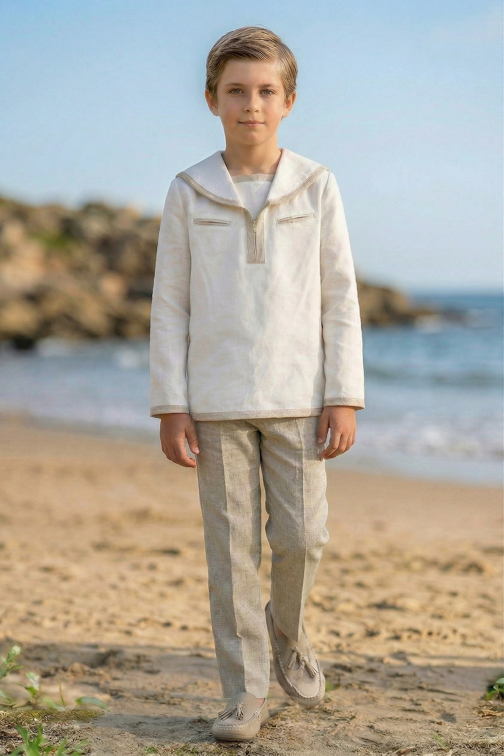 White And Khaki Cotton-Linen Blend Sailor Collar 2-Piece Set