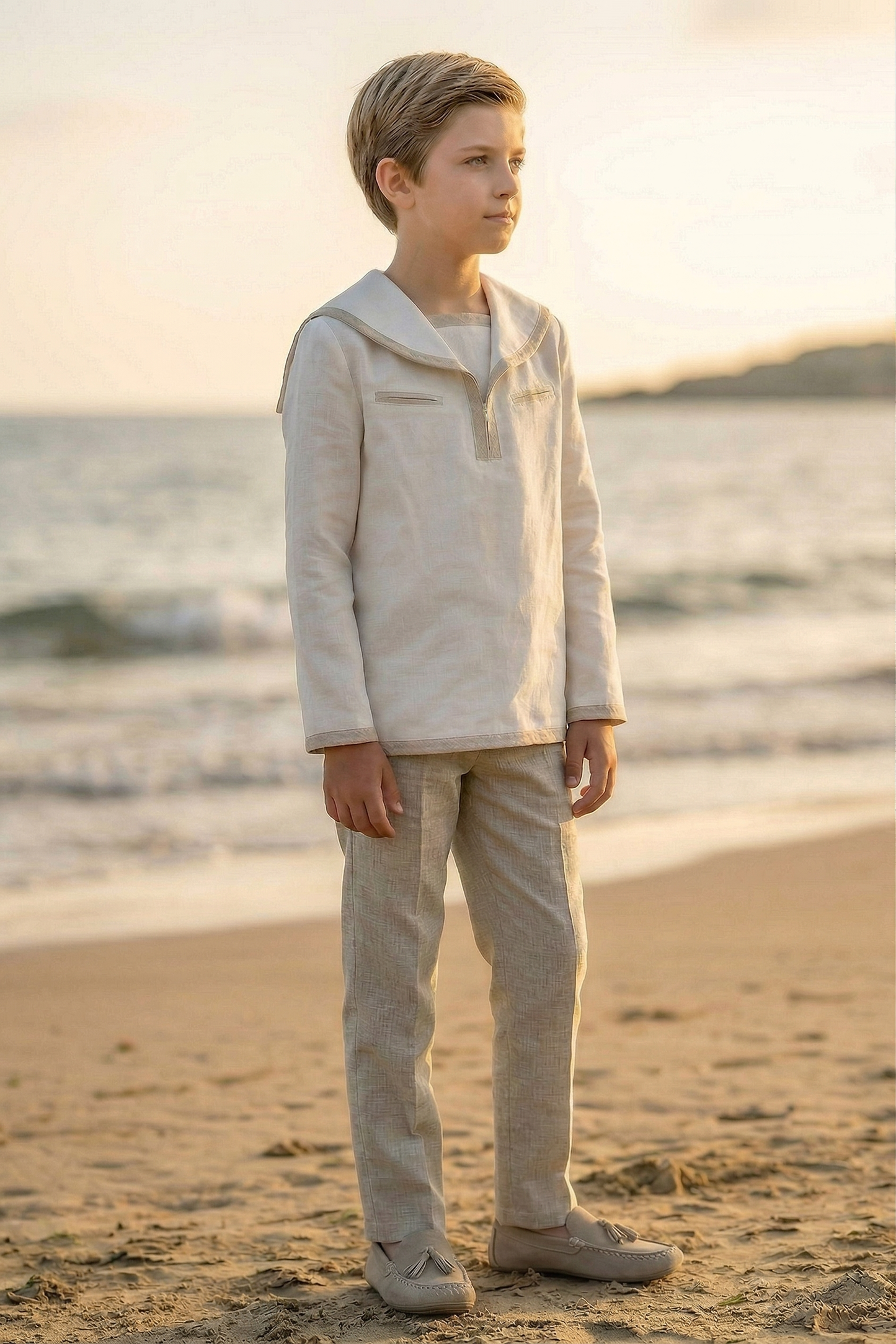 White And Khaki Cotton-Linen Blend Sailor Collar 2-Piece Set