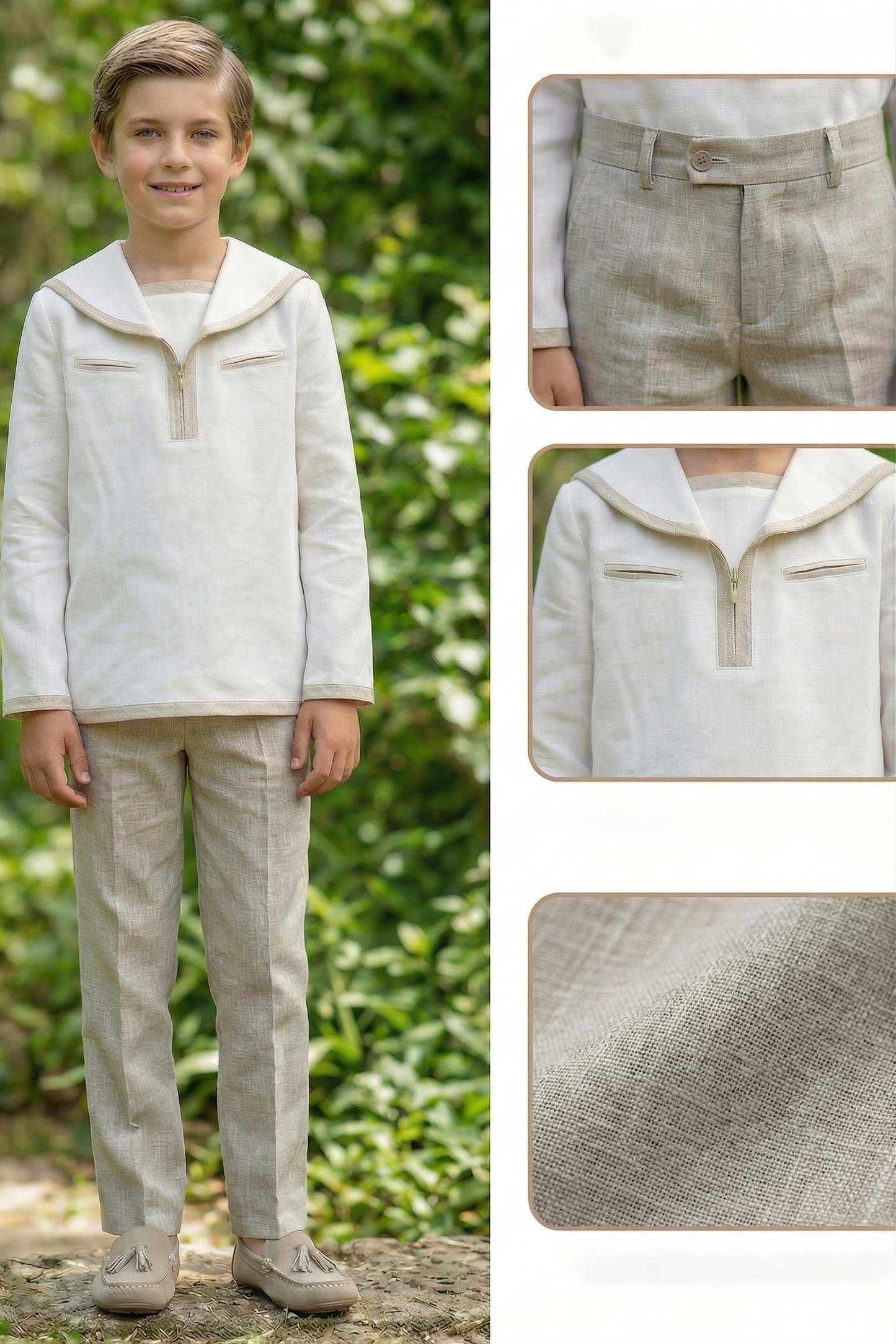 White And Khaki Cotton-Linen Blend Sailor Collar 2-Piece Set