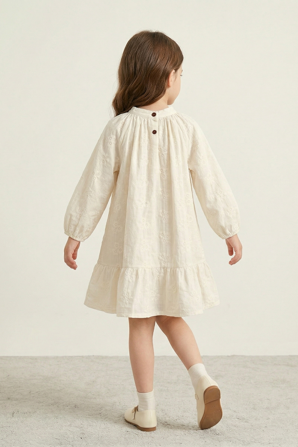Apricot Floral Embroidered Cotton-Linen Blend Dress