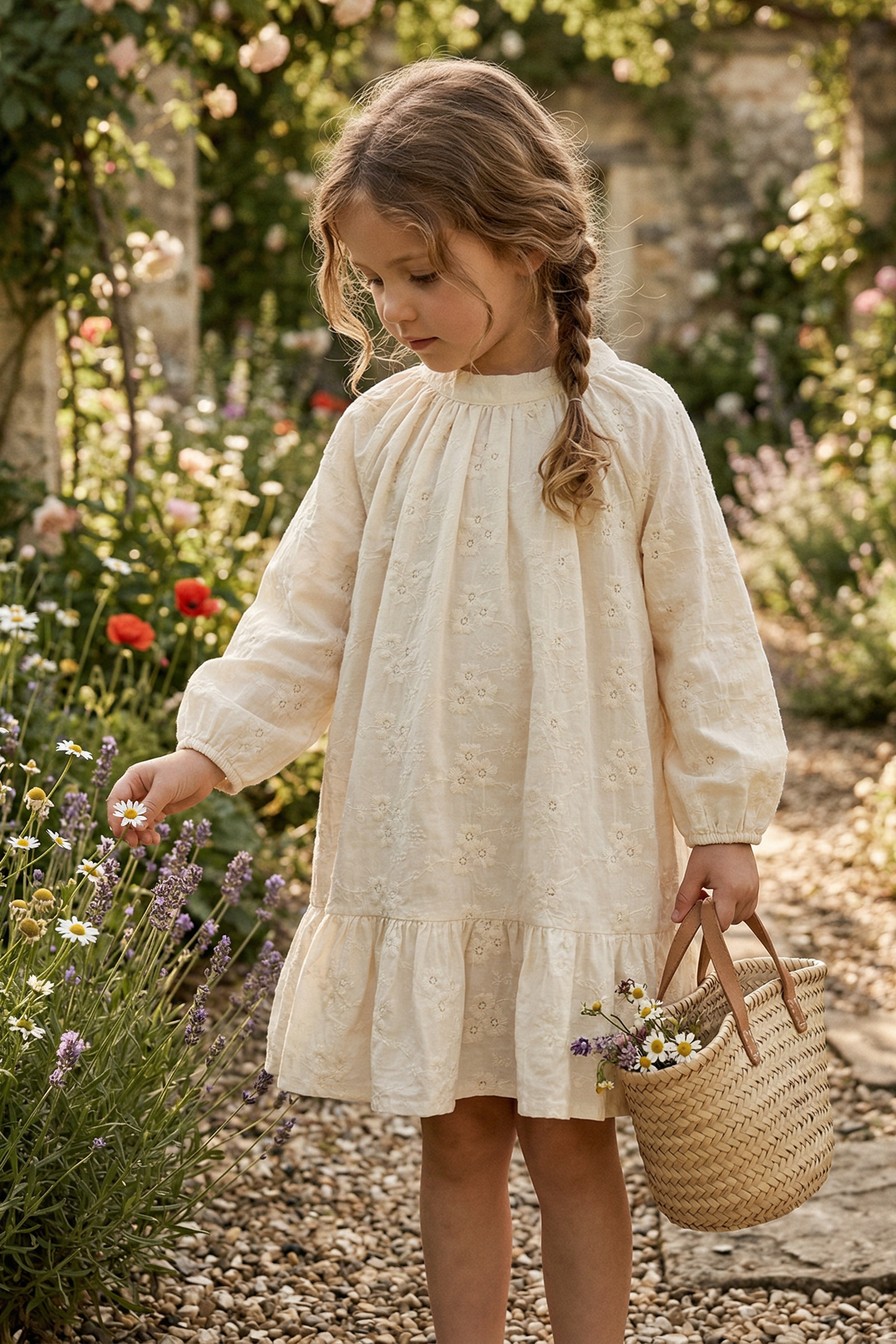 Apricot Floral Embroidered Cotton-Linen Blend Dress
