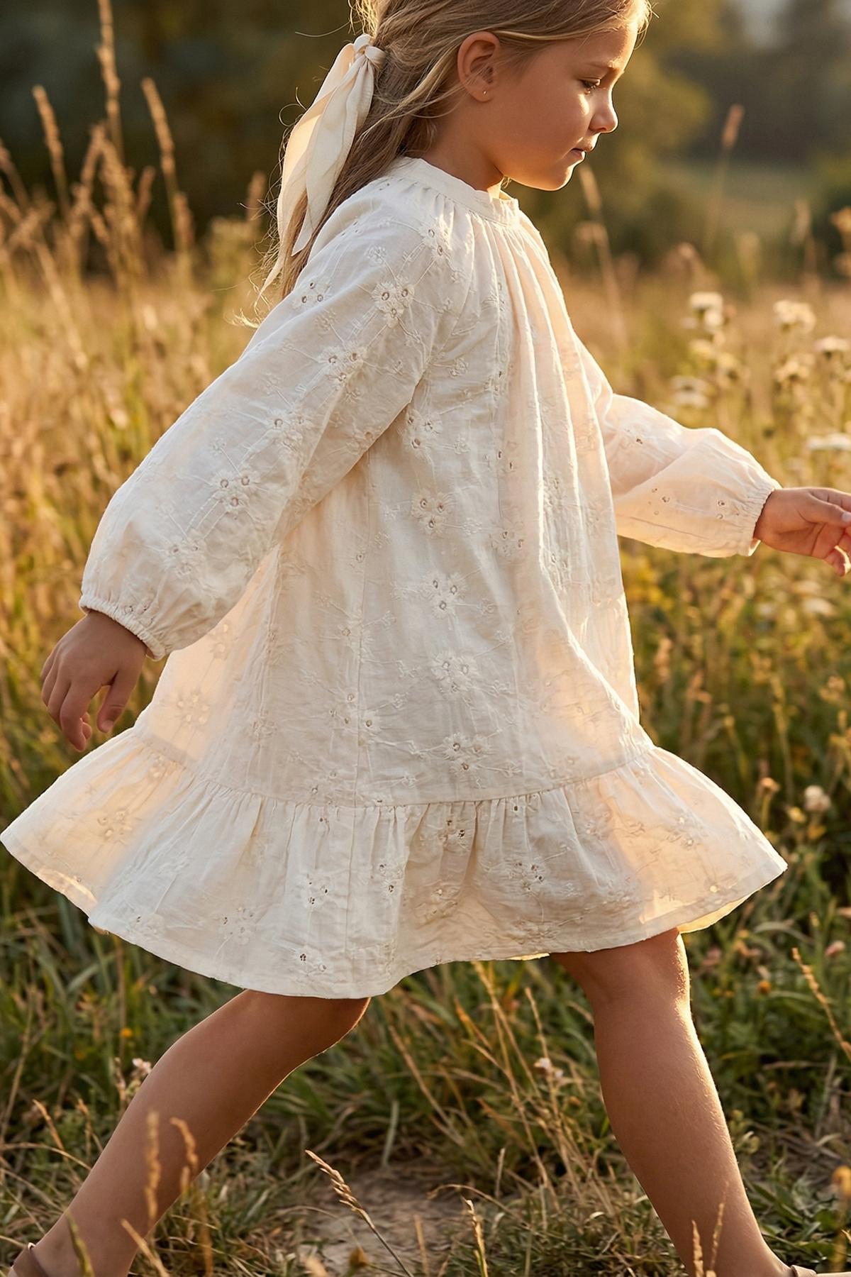 Apricot Floral Embroidered Cotton-Linen Blend Dress