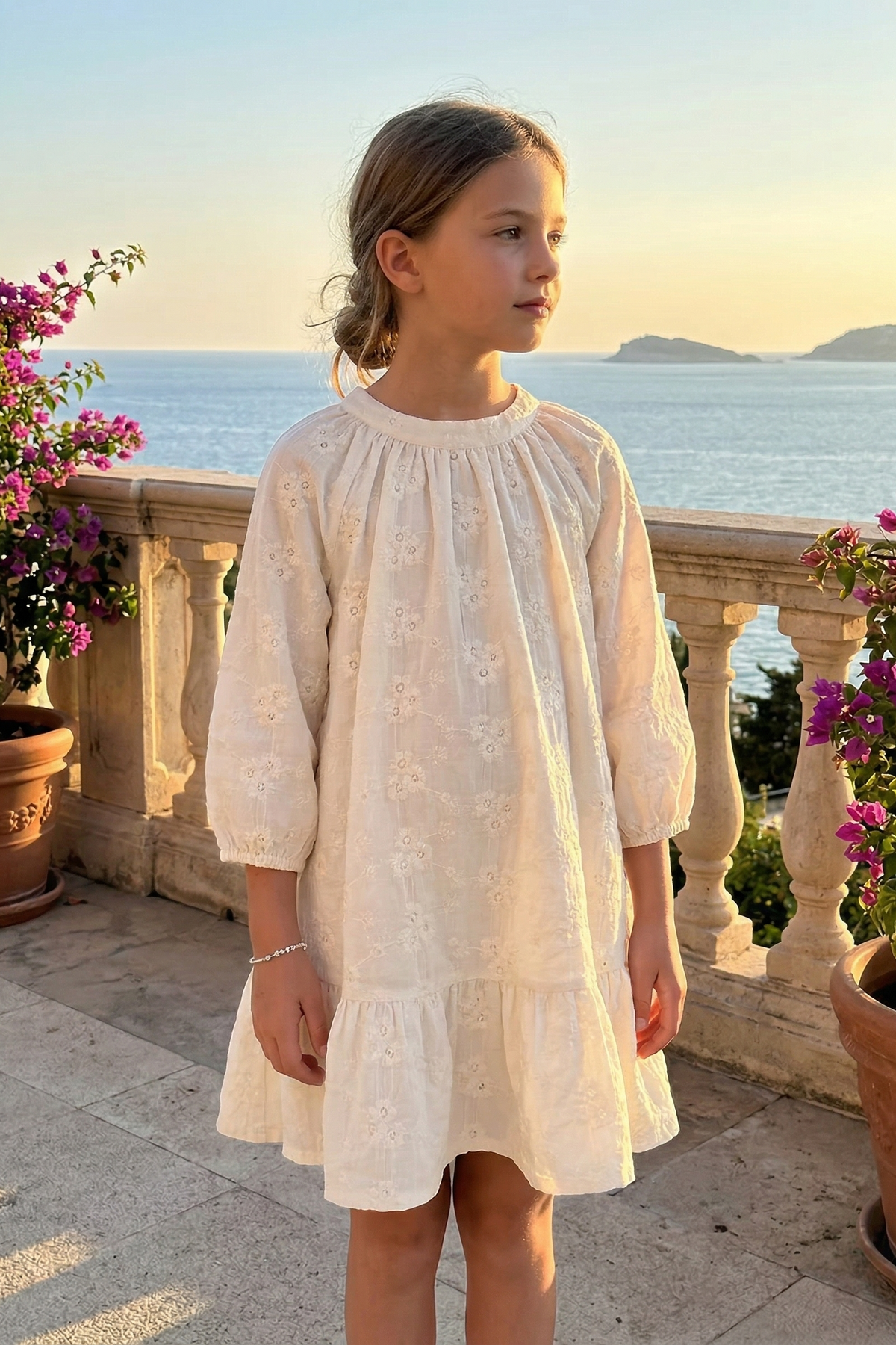 Apricot Floral Embroidered Cotton-Linen Blend Dress