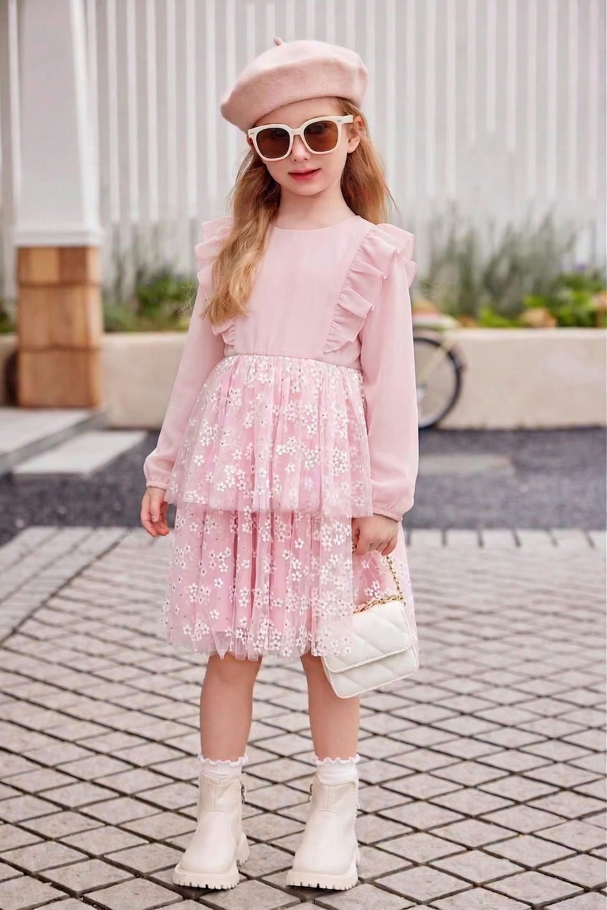 Pink Chiffon Floral Mesh Layered Dress