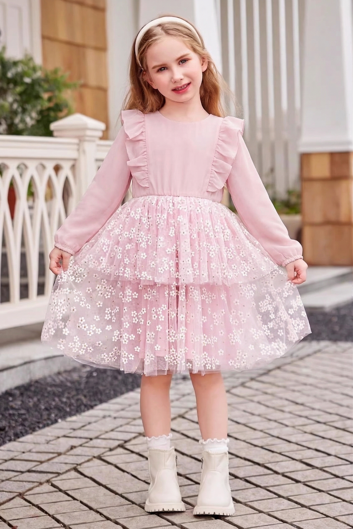 Pink Chiffon Floral Mesh Layered Dress