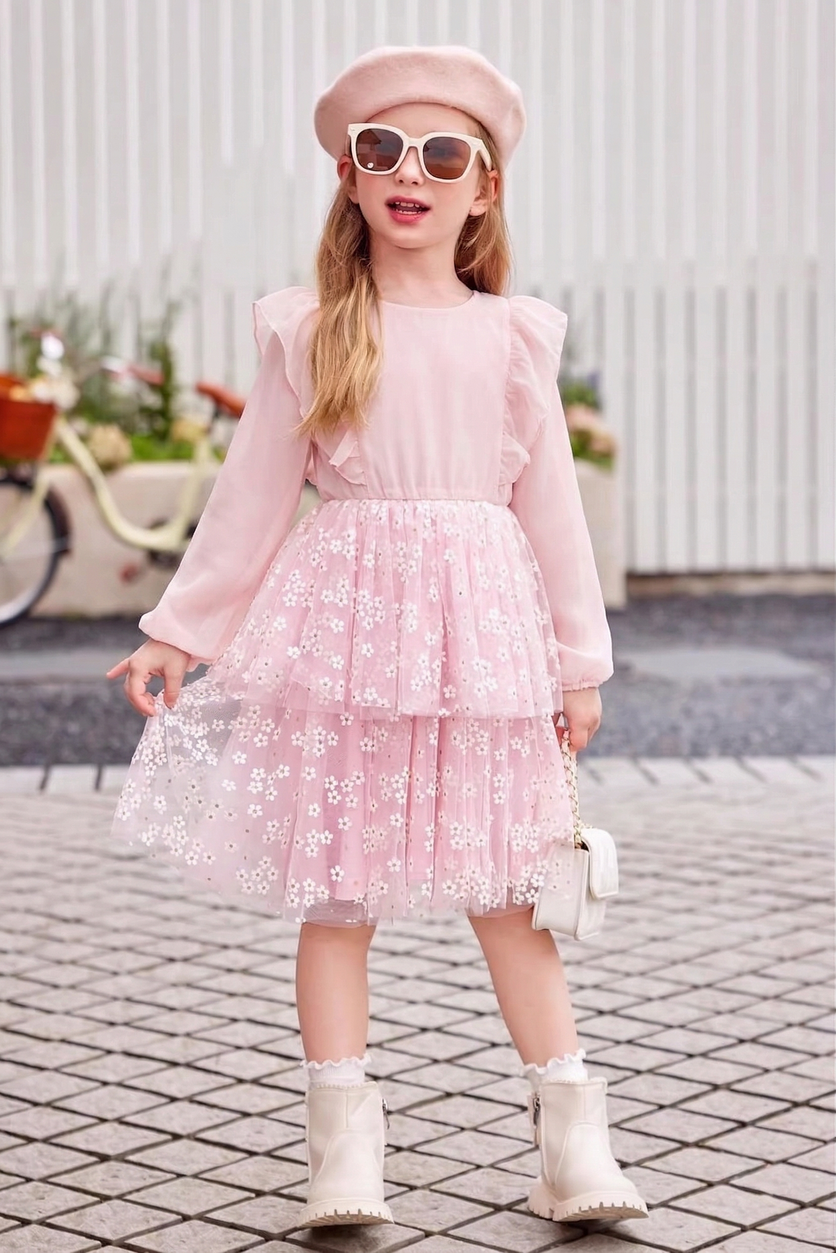 Pink Chiffon Floral Mesh Layered Dress