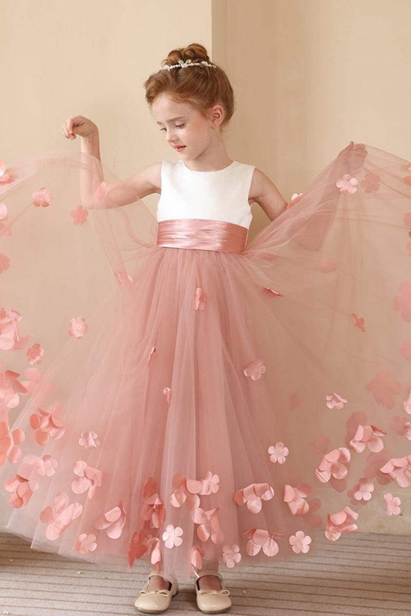 Blush Pink 3D Flower Tullen Flower Girl Dress