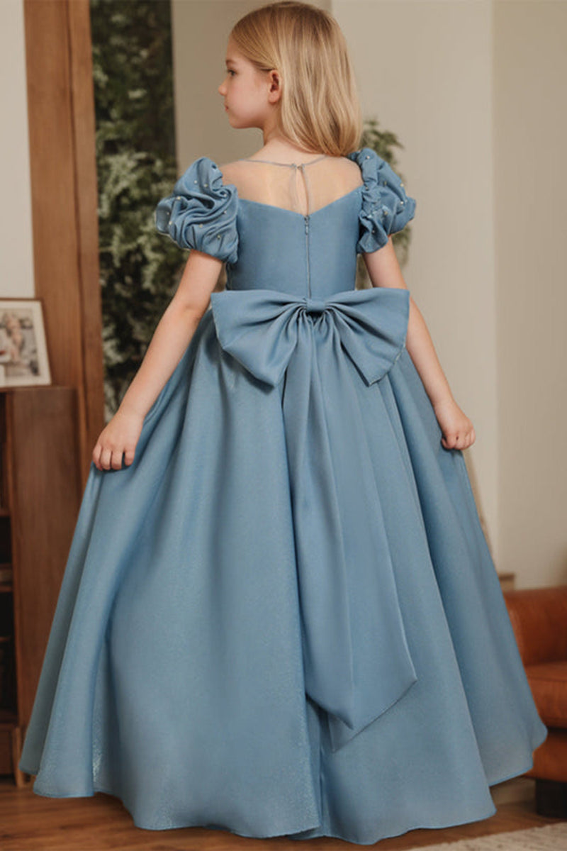 Dusty Blue Puff Sleeve Bow Flower Girl Dress
