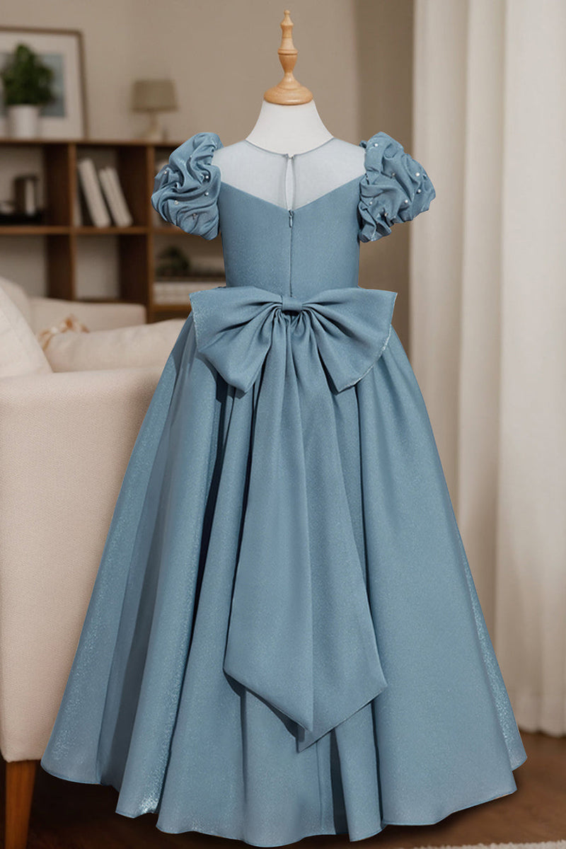 Dusty Blue Puff Sleeve Bow Flower Girl Dress