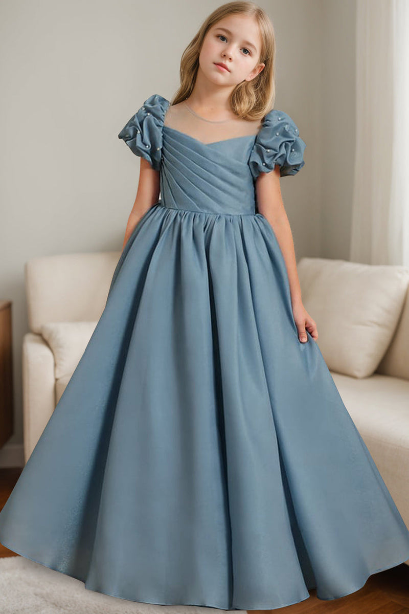 Dusty Blue Puff Sleeve Bow Flower Girl Dress