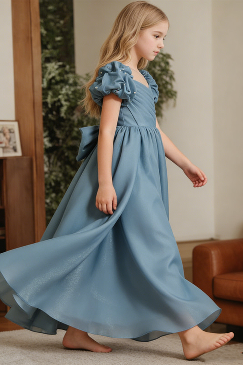Dusty Blue Puff Sleeve Bow Flower Girl Dress