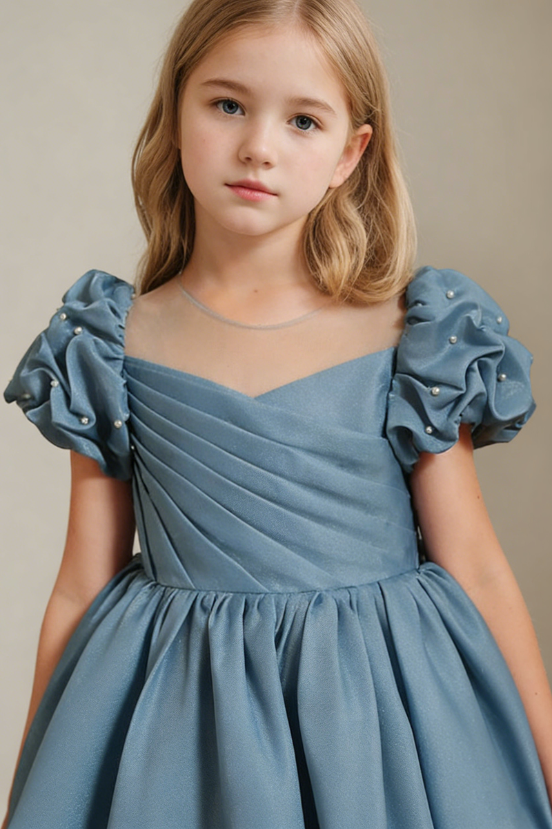 Dusty Blue Puff Sleeve Bow Flower Girl Dress