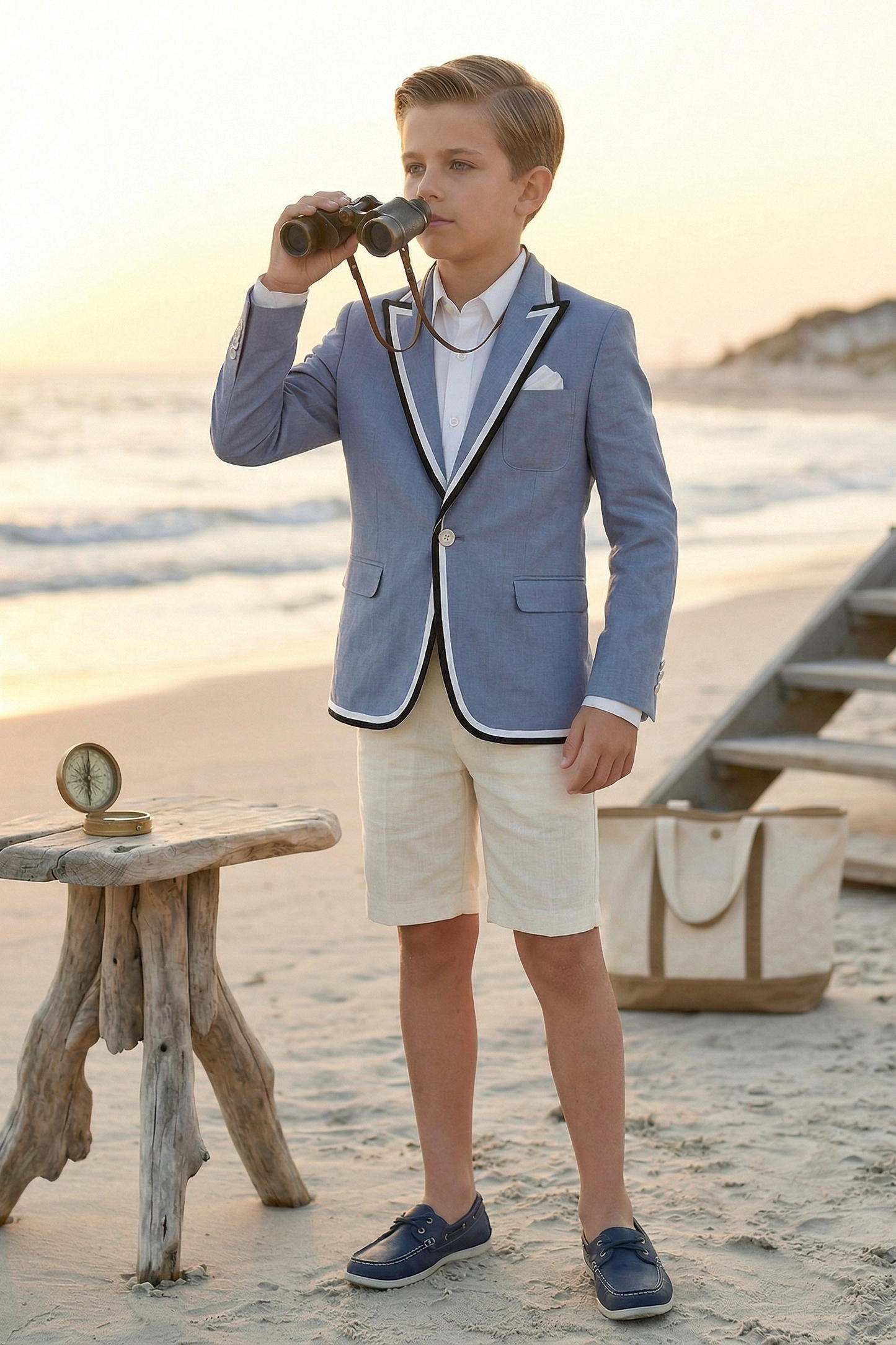 Blue Cotton-Linen Blend Blazer with Black and White Stripes