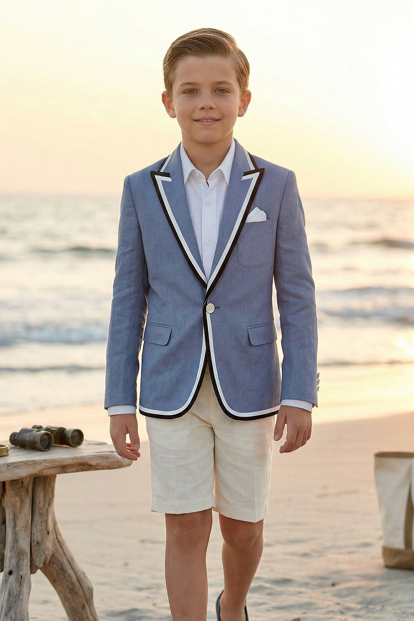 Blue Cotton-Linen Blend Blazer with Black and White Stripes