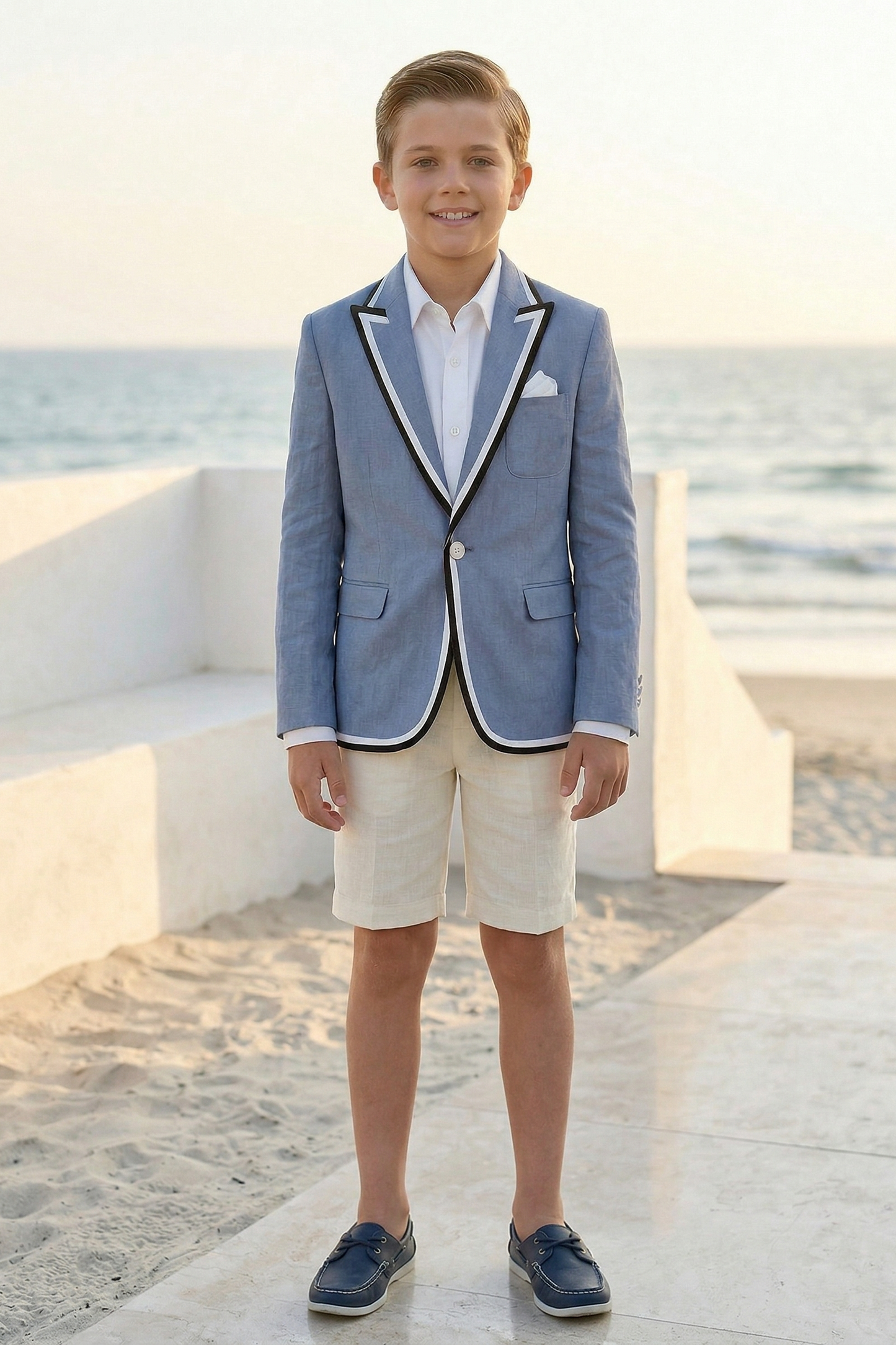 Blue Cotton-Linen Blend Blazer with Black and White Stripes