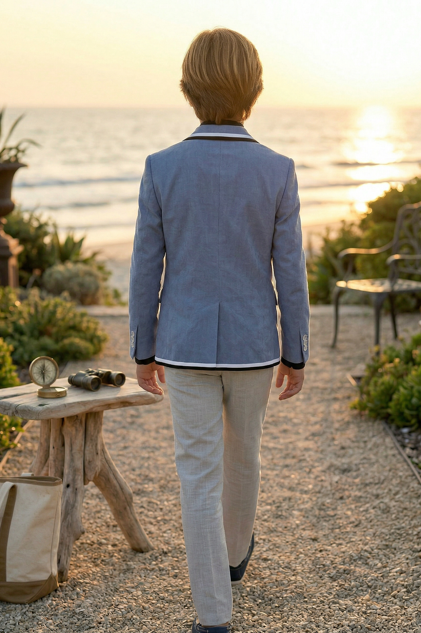 Blue Cotton-Linen Blend Blazer with Black and White Stripes