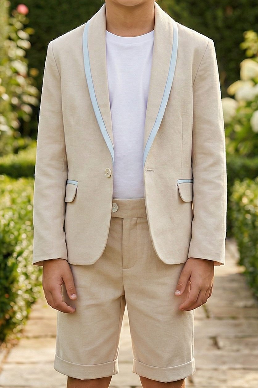 Apricot Cotton-Linen Blend Two-Piece Suit with Satin Piping