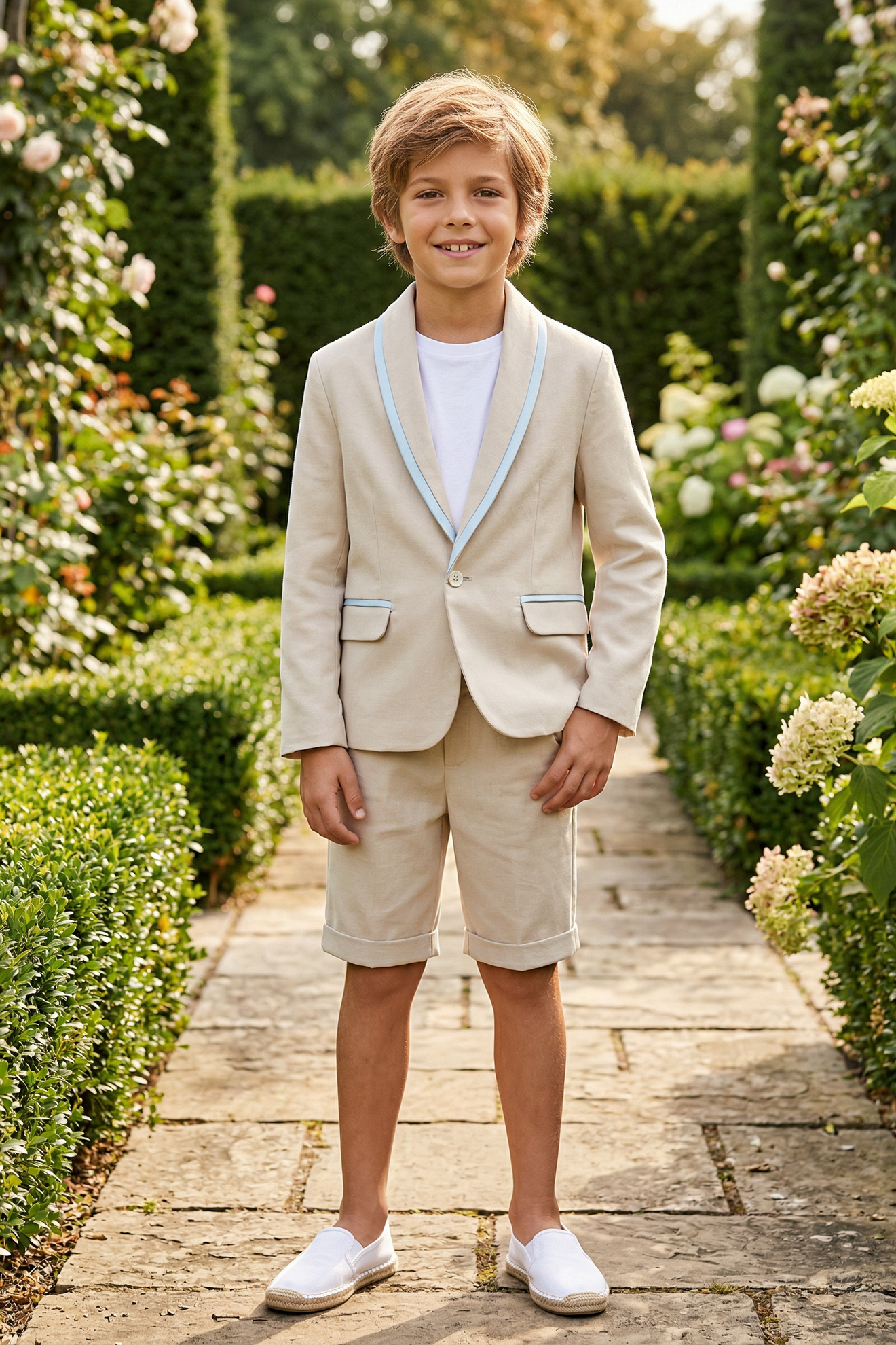 Apricot Cotton-Linen Blend Two-Piece Suit with Satin Piping